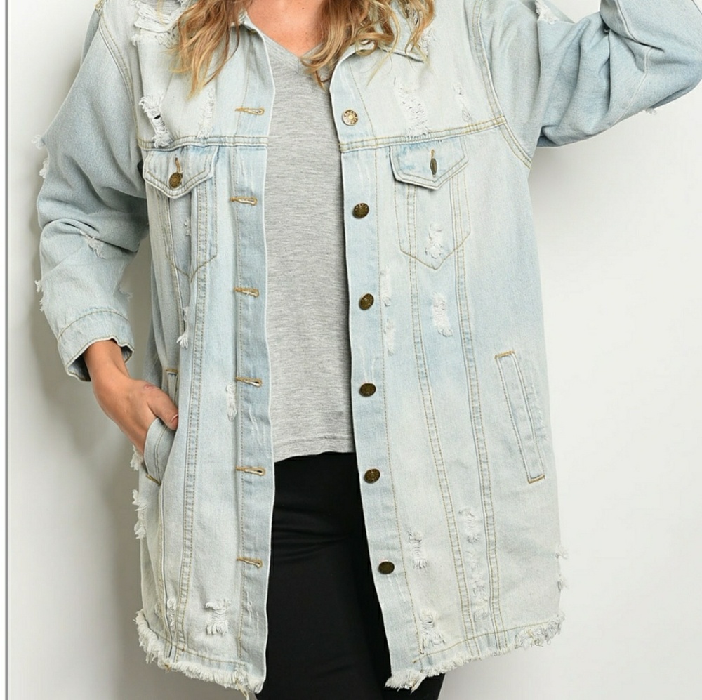 Last 2! Distressed Embroidered Denim Jean Jacket - Picture 3 of 5